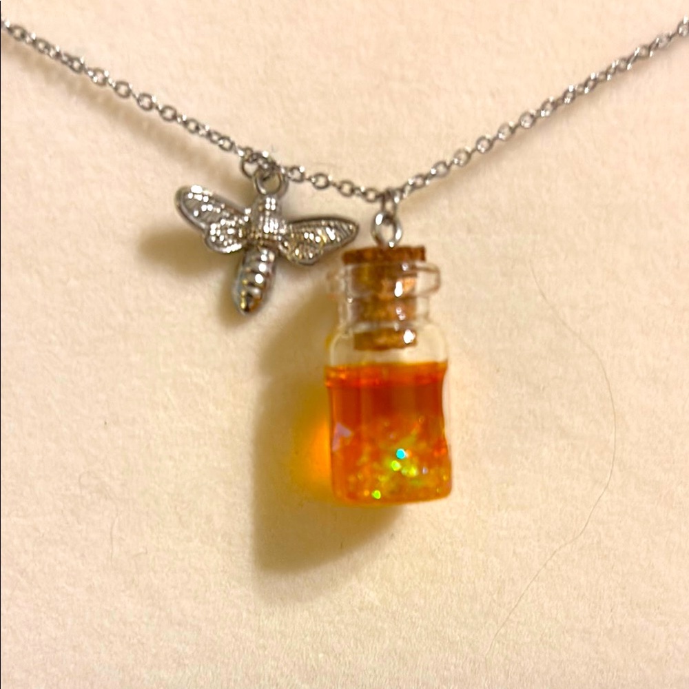 Silver Tone Honey Jar and Bee Charm Necklace